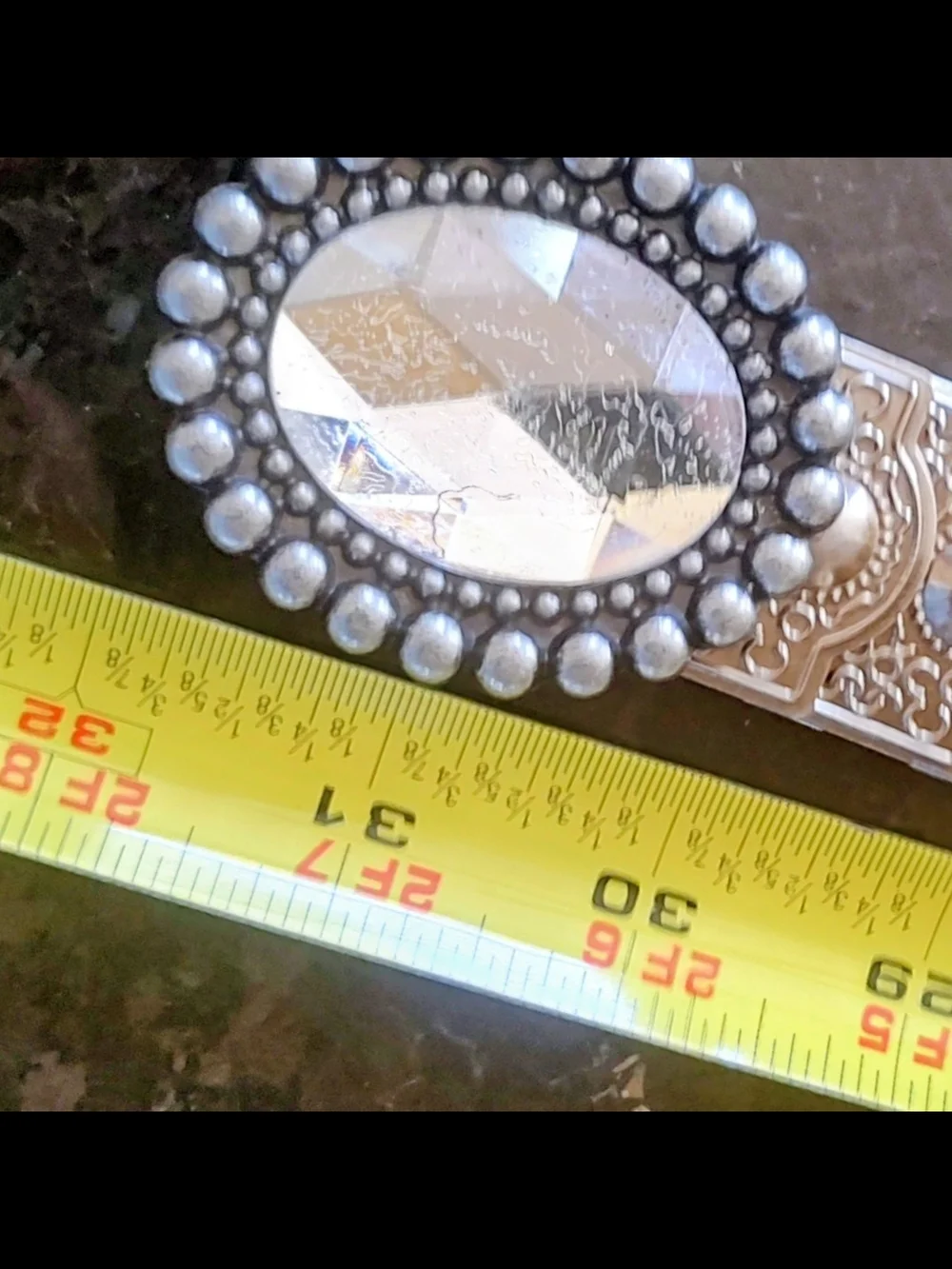 Decorative Silver-Tone Western Belt with Clear Oval Stone -